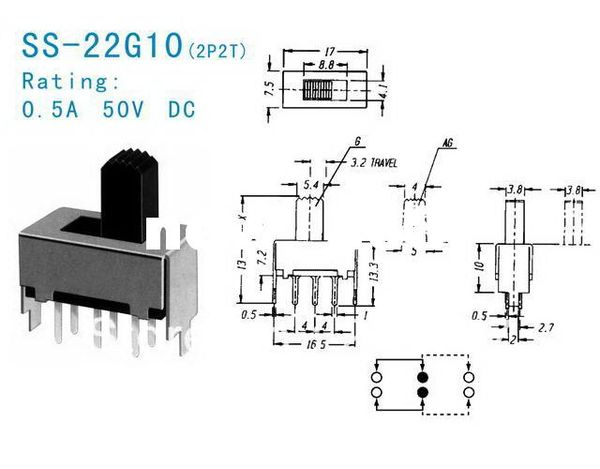 Interruptor de corrediça 1000pc / lot liga / desliga a montagem SS-22G10 do PWB de 6P DPDT