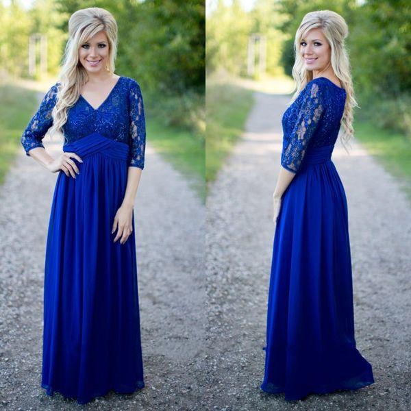 

latest 2018 royal blue sequin lace country bridesmaid dresses long lace 3/4 long sleeve chiffon floor length maid of honor dress en12059, White;pink