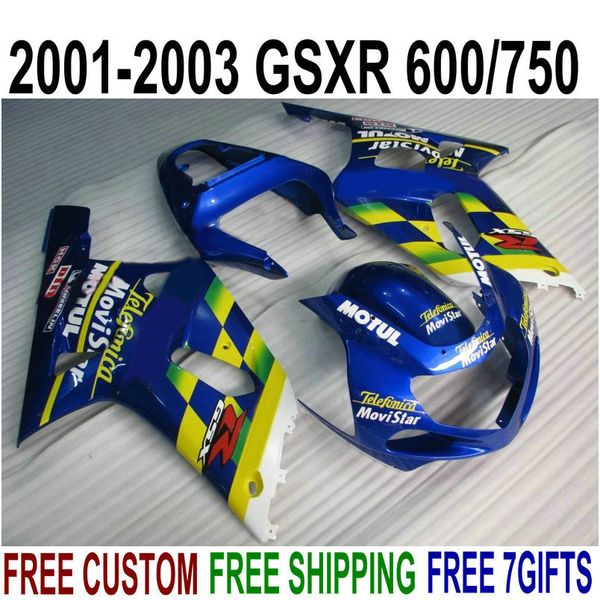 Conjunto de carenagens ABS de qualidade superior para SUZUKI GSX-R600 GSX-R750 2001-2003 K1 Kit de carenagem amarelo movistar amarelo GSXR 600/750 01 02 03 SK40