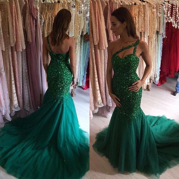 

sparkly sequins crystals beaded evening dresses mermaid sweetheart one shoulder sleeveless green tulle custom made prom party gowns train, Black;red
