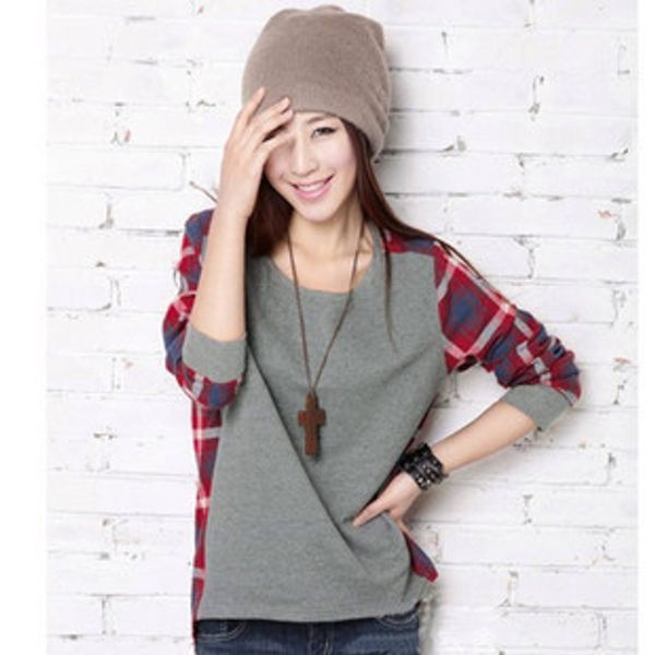

new 2015 plus size women fashion pullovers long-sleeve plaid bottoming pullover girl sweater fashion for women 010, White;black