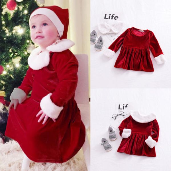 Baby Mädchen Kleidung Weihnachtskleid Kinder Kleinkind Kinder Samt Kleid Langarm Pelz Peter Pan Kragen Rotes Kleid Baby Neujahr Kleidung