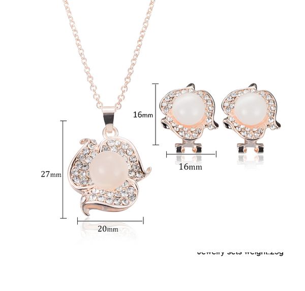 

rose gold plated round opal crystal pendant necklace earrings jewelry sets fashion women wedding dress accessories jewelry sets, Silver