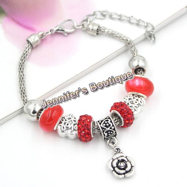 

3 colors new arrival valentine jewelry pdr european bead charms cz pave disco ball red crystal beaded bracelet fashion jewelry wholesaler, Golden;silver