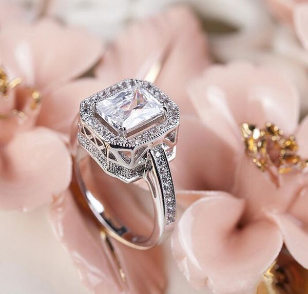 

luxury 18k white gold plated class austrian rectangle clear crystal lady wedding ring wholesale 5pcs, Golden;silver