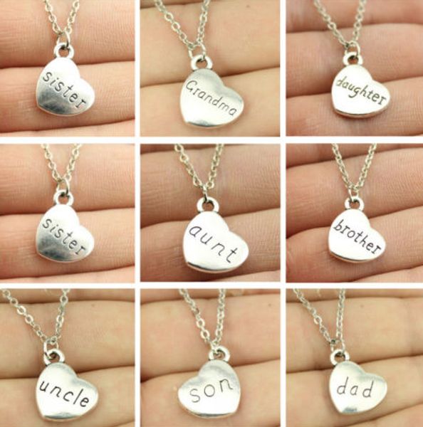 

100pcs/lot antique silver family members mom dad sister brother daughter son heart necklace