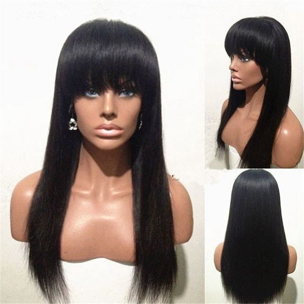 

100% human virgin hair full lace wig 10-24'' inches long hair lace front wig with beautiful bangs for black woman swiss lace cap, Black;brown
