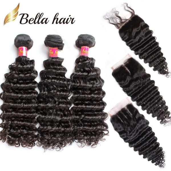 Bella Hair® 8A Chiusura in pizzo con fasci di capelli Trama brasiliana Colore nero Onda profonda Estensioni Testa piena