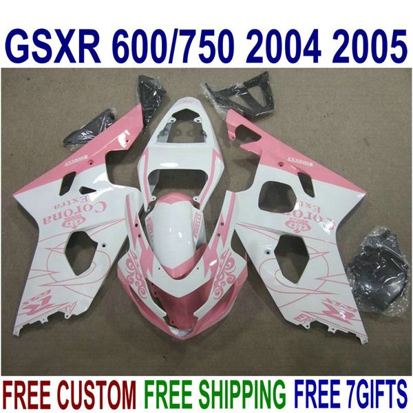 Heißer Verkauf Verkleidungssatz für Suzuki GSXR600 GSXR750 2004 2005 Aftermarket-Set K4 GSX-R600/750 04 05 weiß rosa Corona-Verkleidungen U39J