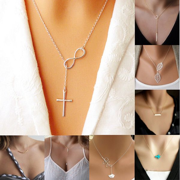 

wholesale- fashion casual personality infinity cross lariat pendant necklace x232, Silver