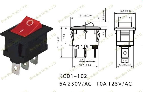 1000 PCS 3 Pinos LUMINADO Interruptor de Balanço Vermelho / Verde botão ON / OFF 10A / 125VAC, 6A / 250VAC, 21 * 15mm