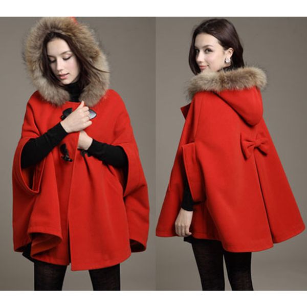

2016 new long trench coat fashion hoodies coats women winter fur collar cape woolen coat christmas long sleeve parka coats outerwear w63, Black