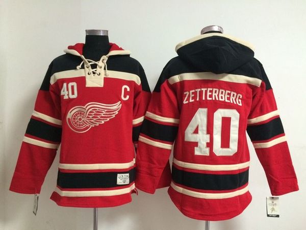 

red wings old time hockey jerseys #40 henrik zetterberg red cream hoodie pullover sweatshirts winter jacket, Black;red