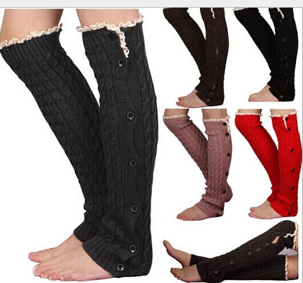 2015 Mais Novo Slouchy Botão Para Baixo aquecedores de perna Malha Rendas tubarão tanque Legwarmers Bota Manoplas Do Laço guarnição polainas Meias de Inicialização Crochet # 3715