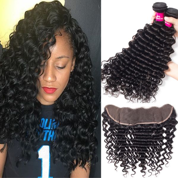 

brazilian deep wave virgin hair extension with 13x4 ear to ear lace frontal lace closure virgin brazilian deep curly human hair extensions, Black;brown