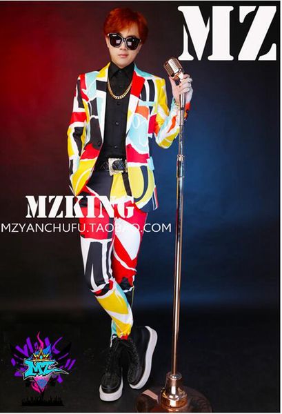 

male singers to european and american fashion new nightclub runway looks irregular color stitching suit costumes. s - 6 xl, Black;red