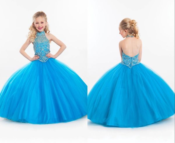 Funkelnde hellhimmelblaue Blumenmädchenkleider, rückenfreies Neckholder-Ballkleid, Tüll, bauschiges Festzug-Kinderkleid, personalisierte formelle Kleider für Mädchen