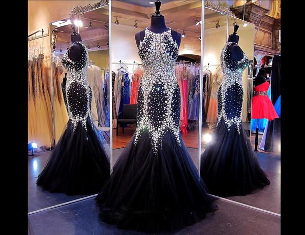 

crystals mermaid pageant 2016 prom dresses with jewel sleeveless black celebrity/evening dress plus size prom dressess with rhinestones