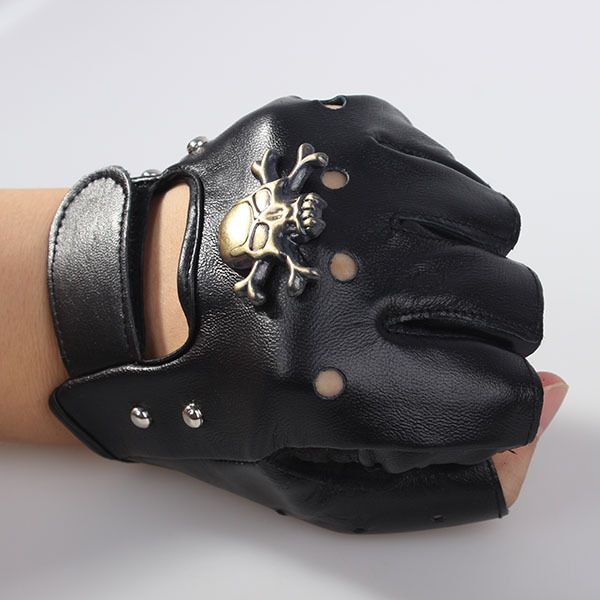 

wholesale-men' motorcycle gloves sheepskin leather fingerless half gloves skullstuds fingerless black cowhide leather motorcycle gloves, Blue;gray