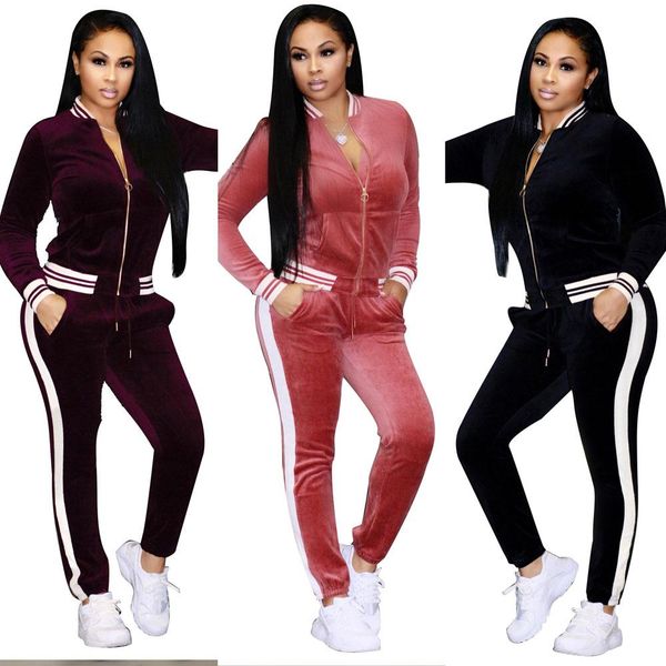 

Ladies Winter Autumn Casual Velvet Two-piece Outfits Long Sleeved Jacket + Long Pant Womens Fall Sweatsuits Tracksuit
