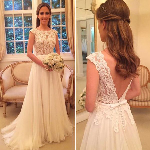 

lace chiffon a-line wedding dresses sheer neck backless cap sleeve boho bridal gowns vestido de novia, White