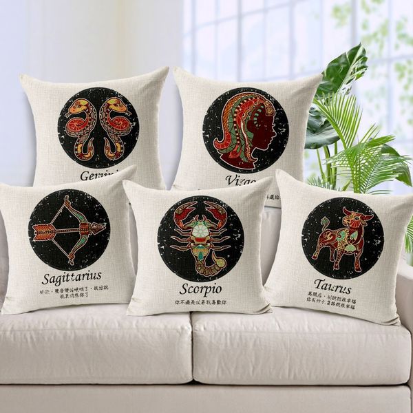 

europe style pillow cushion cover modern twelve constellation pillow case nordic square almofada linen cotton pillowcase 45cm*45cm