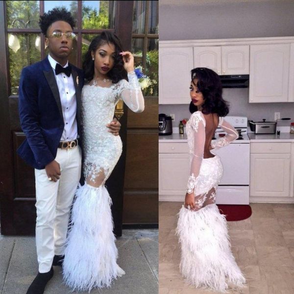 

2019 свадебные платья из перьев с сексуальным вырезом на спине русалка свадебные платья vestidos de novia кружева sheer длинные рукава сваде, White