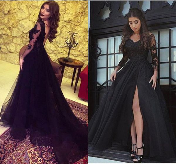 

vestidos festa 2017 арабский черный длинные вечерние платья sheer v-образным вырезом с длинными рукавами пром платья кружева аппликации орга, Black;red