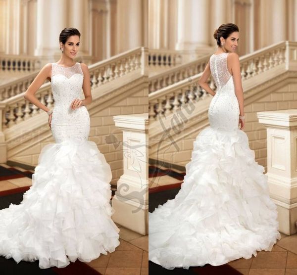 

custom made berta bridal luxury organza sheer mermaid wedding dresses 2021 covered button bridal gown winter bridal gown, White