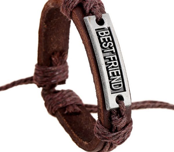 2015 neueste version punk stil 100% echtes leder armband handgemachte Legierung männer frau BESTE FREUND seil verstellbares armband 20 teile/los