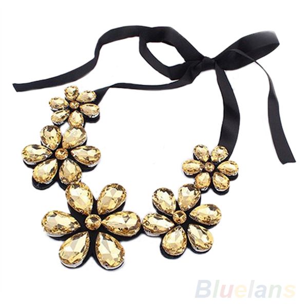 

wholesale-new fashion exquisite flower ribbon gem petals charming bib collar necklace jewelry items 1e2e, Golden;silver