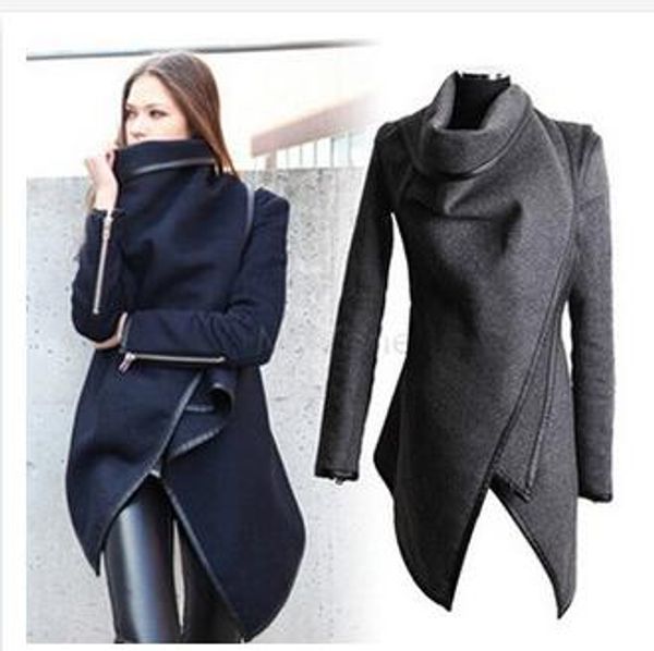 

new women coat asymmetric pu piping zipper pockets fashion slim wool trench winter coat color navy gray casacos femininos s-xxl, Black