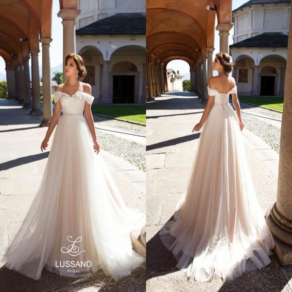 

Elegant A-Line Champagne Tulle Beach Wedding Dresses 2019 Off Shoulders Lace Appliques Corset Back Bridal Gowns Custom Made Sexy Back BA7443