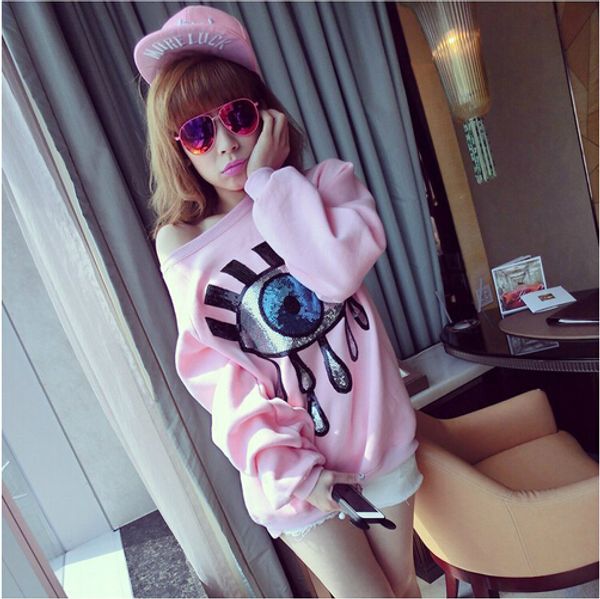 

wholesale-east knitting cc111 new fashion women blue big eyes printed with sequins pink sweatshirt women clothing ing, Black