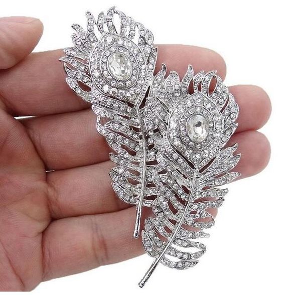 

wholesale large size vintage look rhodium silver tone double feather bridal brooch with tiny rhinestone crystals, Gray
