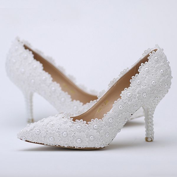 Pointed Toe Wedding Shoes White Lace Flower With Ivory Pearl Heel