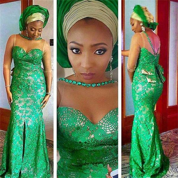 

arabic dresses evening dresses mermaid nigerian lace beaded sheer neck plus size african long sleeves prom dress aso ebi formal party gowns, Black;red