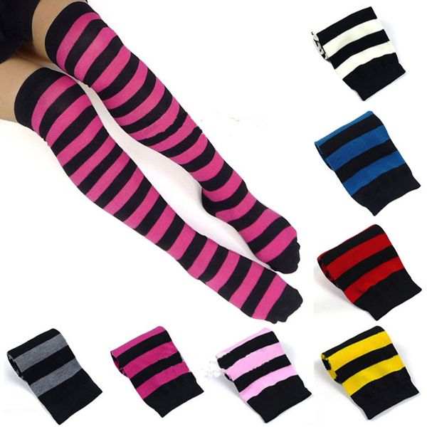 

wholesale-stockings 2015 selling autumn winter women fashion classic colorful striped 14 colors thigh high sock knee socks wst021, Black;white