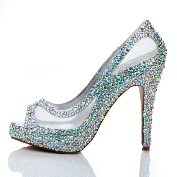 

Весеннее лето Новое прибытие женщин Высокие каблуки Rhinestone Glitter AB Color Crystal Bridal Shoes Pee