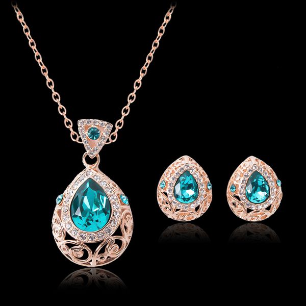 

2016 fashion austrian crystal water drop charm necklace earrings jewelry sets rose gold plated sapphire bridal jewelry sets, Silver
