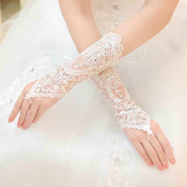 

fashion crystals lace bridal gloves below elbow length fingerless sequined wedding gloves rhinestones formal party short glove, White