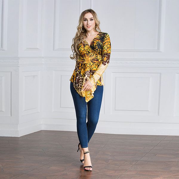 

new arrival plus size women v neck blouse long sleeved floral print irregular s-6xl robes, Red