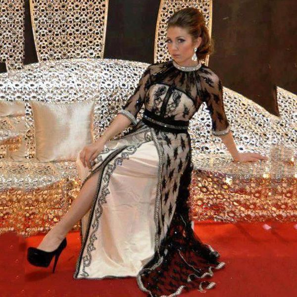 

2018 black lace kaftan evening dresses with half sleeves beaded crystal caftan dubai arabia long vestido longo, Black;red