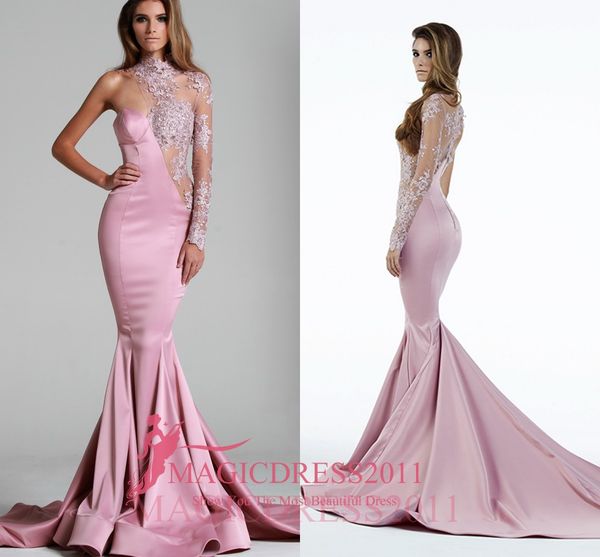 

Pink evening dre e illu ion formal prom gown water collection 2019 pecial occa ion dre mermaid one houlder cry tal celebrity arabic
