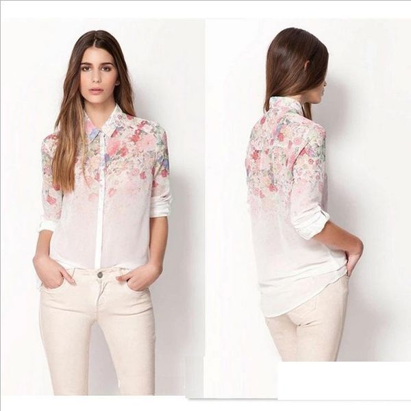 

new fashion floral print chiffon blouse shirts casual elegant graceful brand design for women, White