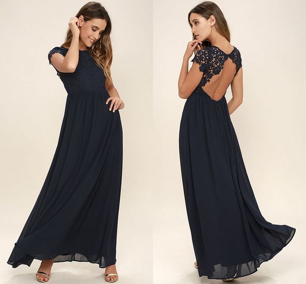 

western country style dark navy chiffon bridesmaid dresses long backless short sleeves lace beach wedding party dresses cheap, White;pink