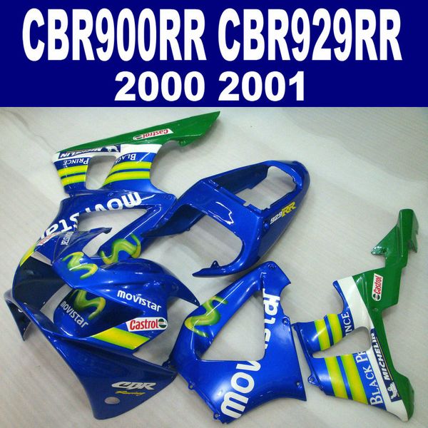 Hochwertiges Verkleidungsset für HONDA CBR900RR CBR929 2000 2001 Bodykits CBR 929 RR CBR929RR blau grün Movistar Verkleidungsset HB14