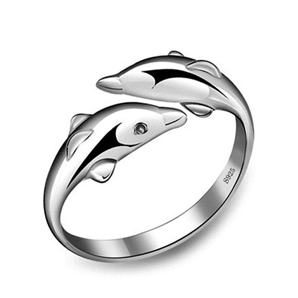 

new 925 sterling silver fashion jewelry flash diamond double happiness dolphins with pave zircon ring sell girl gift 1748