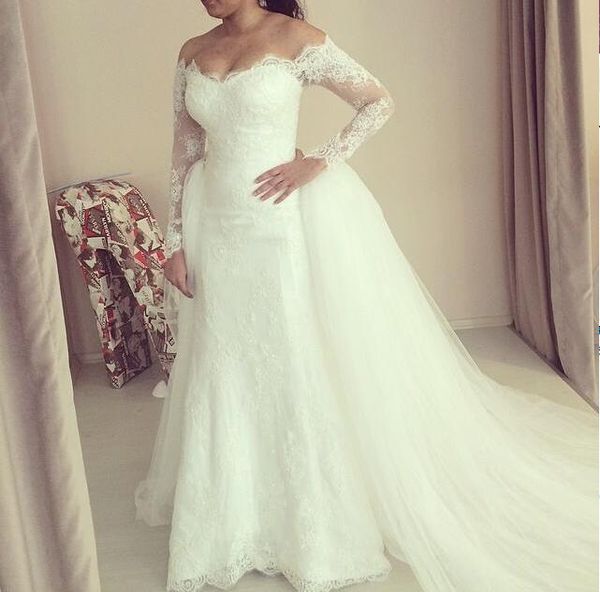 

new 2018 full lace long sleeve off the shoulder mermaid wedding dresses with tulle detachable skirt bridal gowns custom made china en12073, White