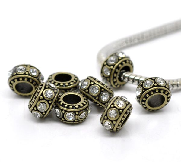 

wholesale-10 bronze tone clear rhinestone european spacer beads 11x5.8mm over $120 express, Silver